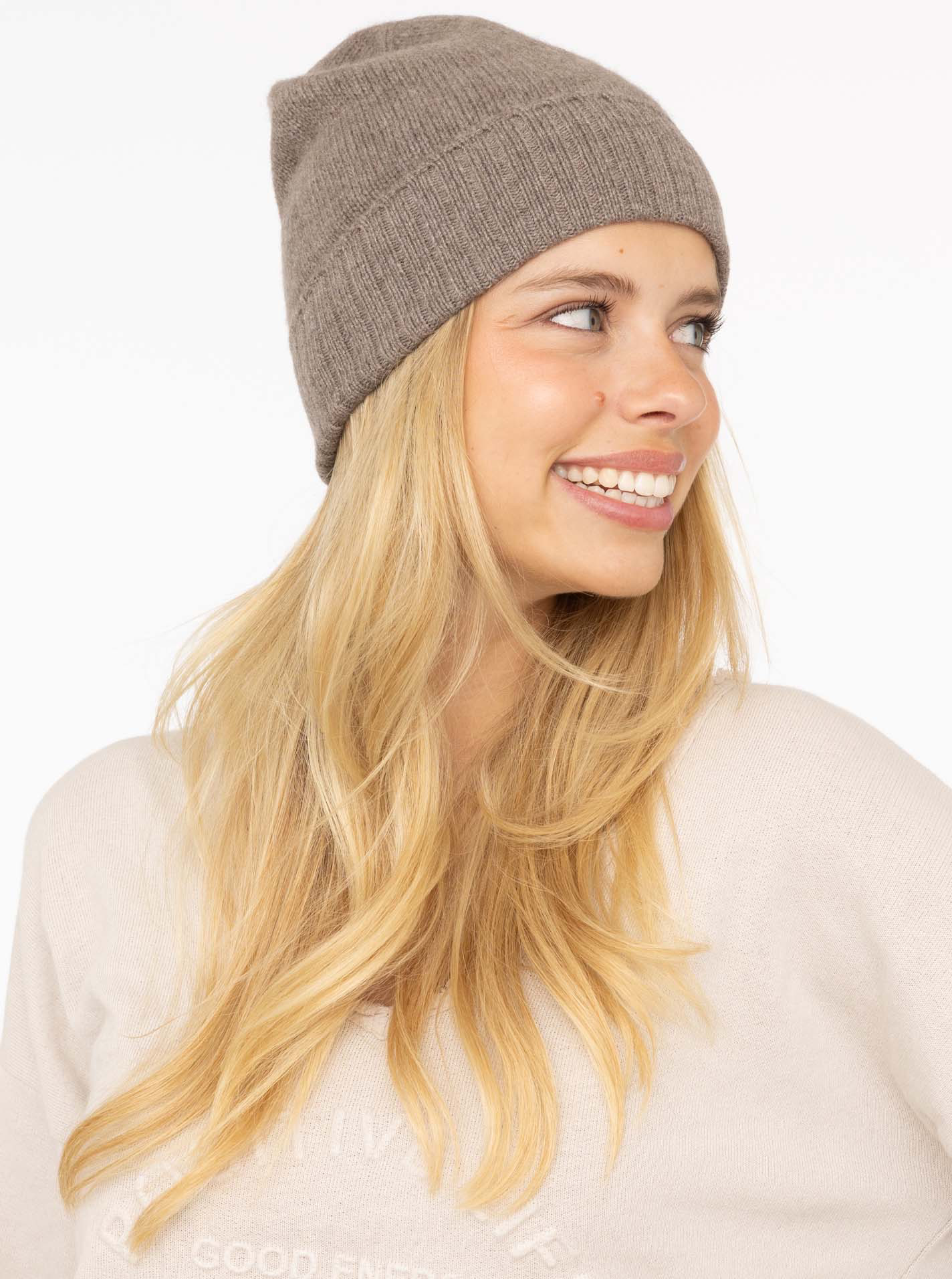 ? Zwillingsherz Mütze 100% CASHMERE gerippter Umschlag taupe