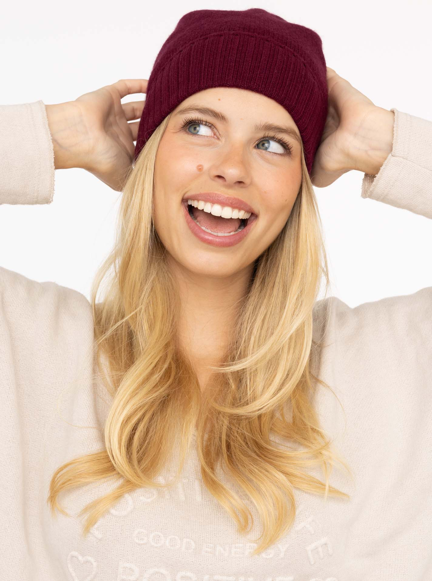 ? Zwillingsherz Mütze 100% CASHMERE gerippter Umschlag bordeaux 