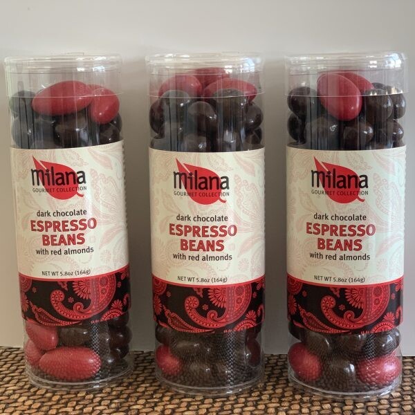 Dark Chocolate Covered Espresso Beans with Red Almonds