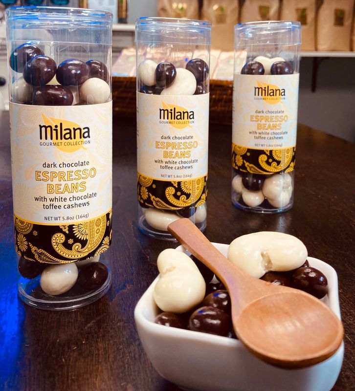 Dark Chocolate Covered Espresso Beans with White Chocolate Toffee Cashews