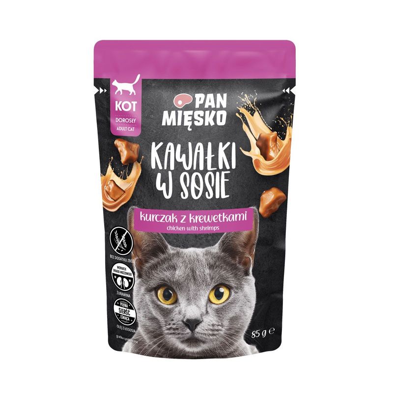 PAN MIĘSKO- KARMA MOKRA DLA KOTA- KAWAŁKI W SOSIE- KURCZAK Z KREWETKAMI (DLA KOTA DOROSŁEGO)- 85 GR SASZETKA