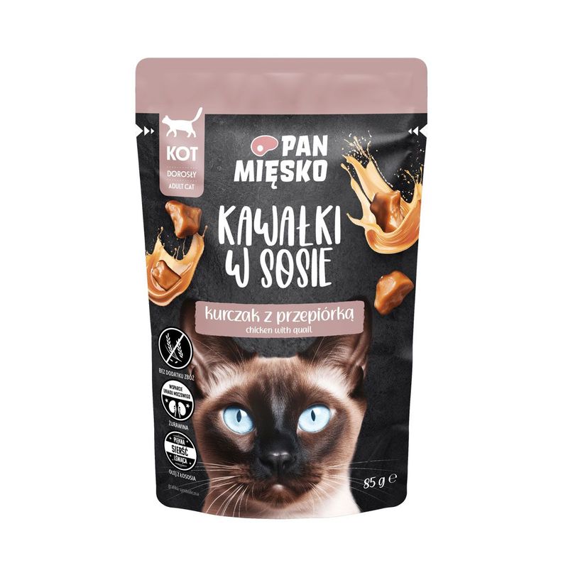 PAN MIĘSKO- KARMA MOKRA DLA KOTA- KAWAŁKI W SOSIE- KURCZAK Z KREWETKAMI (DLA KOTA DOROSŁEGO)- 85 GR SASZETKA