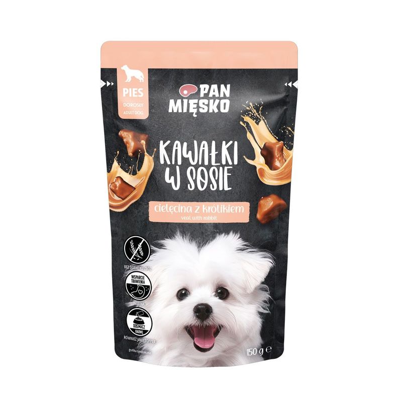 PAN MIĘSKO- KARMA MOKRA DLA PSA DOROSŁEGO- KAWAŁKI W SOSIE- CIELĘCINA Z KRÓLIKIEM- 150 GR SASZETKA