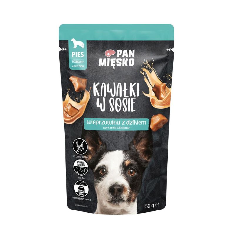 PAN MIĘSKO- KARMA MOKRA DLA PSA DOROSŁEGO- KAWAŁKI W SOSIE- WIEPRZOWINA Z DZIKIEM- 150 GR SASZETKA