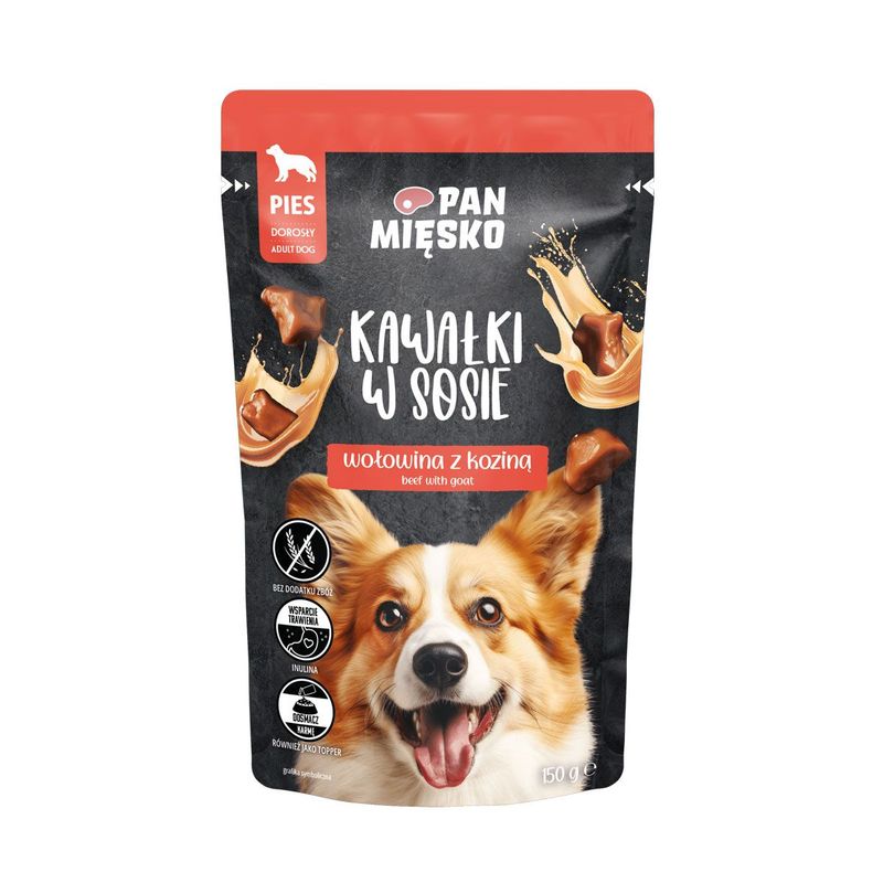 PAN MIĘSKO- KARMA MOKRA DLA PSA DOROSŁEGO- KAWAŁKI W SOSIE- WOŁOWINA Z KOZINĄ- 150 GR SASZETKA