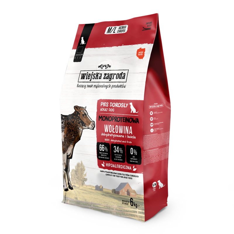 WIEJSKA ZAGRODA (COUNTRY OF ANIMALS)- MONOPROTEINOWA KARMA SUCHA DLA PSA DOROSŁEGO- WOŁOWINA- M/L- 6 KG TORBA
