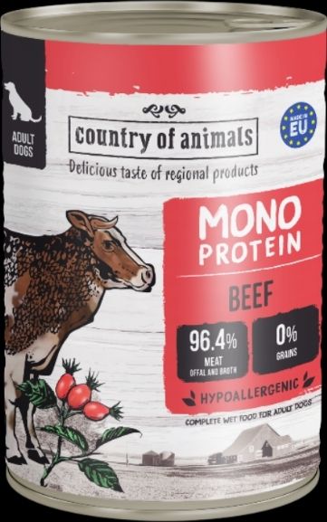 WIEJSKA ZAGRODA (COUNTRY OF ANIMALS)- MONOPROTEIN LINE- WET FOOD FOR ADULT DOGS​- BEEF- 400 GR TINS