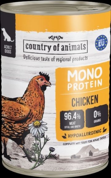 WIEJSKA ZAGRODA (COUNTRY OF ANIMALS)- MONOPROTEIN LINE- WET FOOD FOR ADULT DOGS​- CHICKEN- 400 GR TINS