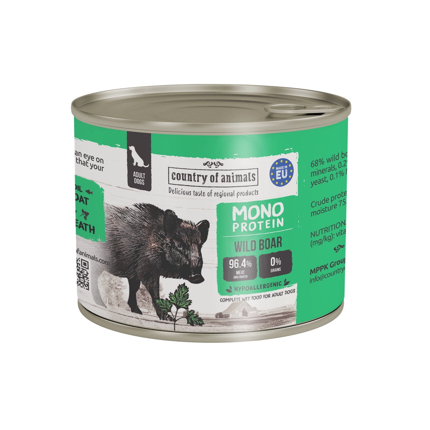 WIEJSKA ZAGRODA (COUNTRY OF ANIMALS)- MONOPROTEIN LINE- WET FOOD FOR ADULT DOGS​- WILD BOAR- 200 GR TINS