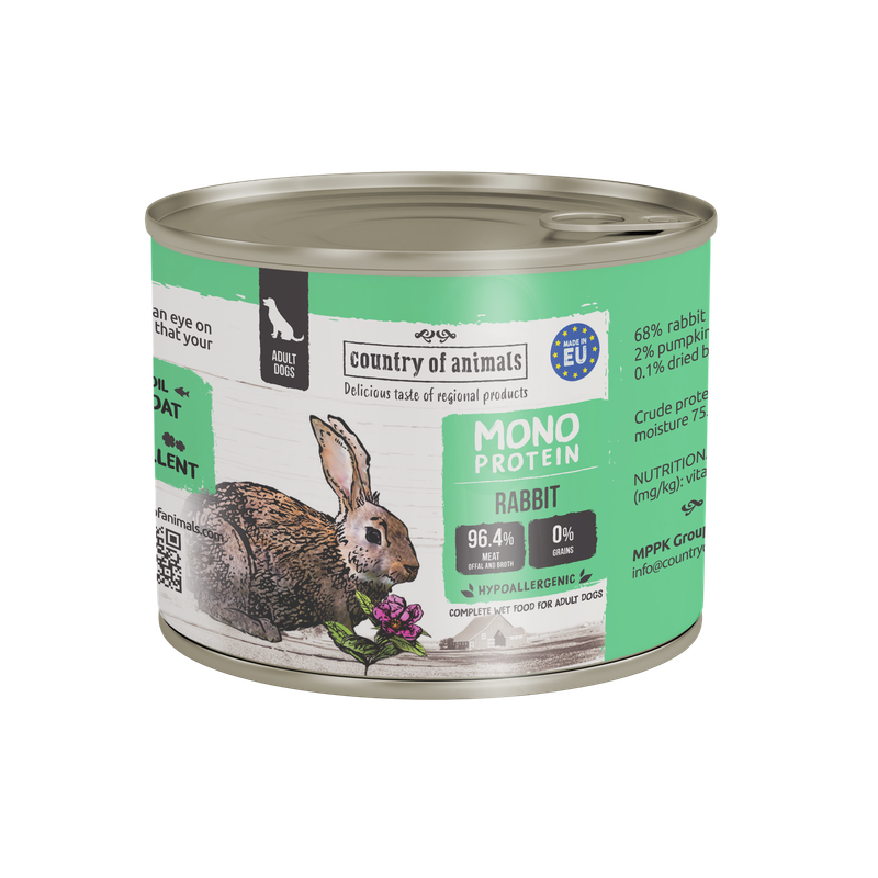 WIEJSKA ZAGRODA (COUNTRY OF ANIMALS)- MONOPROTEINOWA- KARMA MOKRA DLA PSA DOROSŁEGO- KRÓLIK- 200 GR PUSZKA