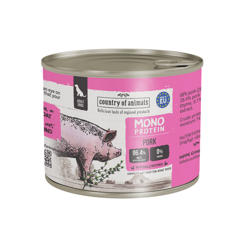 WIEJSKA ZAGRODA (COUNTRY OF ANIMALS)- MONOPROTEINOWA- KARMA MOKRA DLA PSA DOROSŁEGO- WIEPRZOWINA- 200 GR PUSZKA
