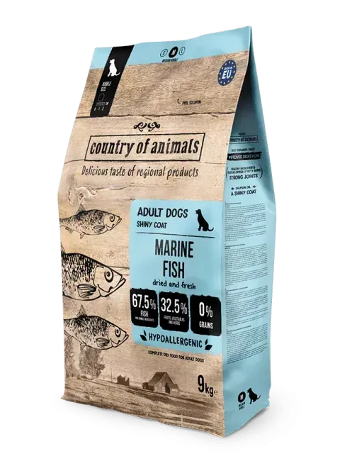 WIEJSKA ZAGRODA (COUNTRY OF ANIMALS)- KARMA SUCHA DLA PSÓW DOROSŁYCH Z WRAŻLIWYM BRZUSZKIEM- RYBY MORSKIE- S- 2 KG TORBA