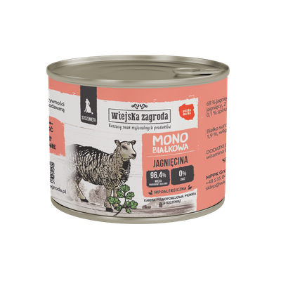 WIEJSKA ZAGRODA (COUNTRY OF ANIMALS)- MONOPROTEIN LINE- WET FOOD FOR PUPPIES- LAMB- 200 GR TINS