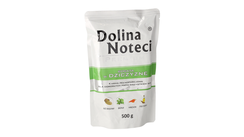 DOLINA NOTECI PREMIUM- DZICZYZNA- MOKRA KARMA DLA PSÓW DOROSŁYCH- 500 GR SASZETKA