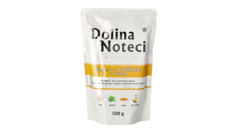 DOLINA NOTECI PREMIUM- KACZKA Z DYNIĄ- MOKRA KARMA DLA PSÓW DOROSŁYCH- 500 GR SASZETKI