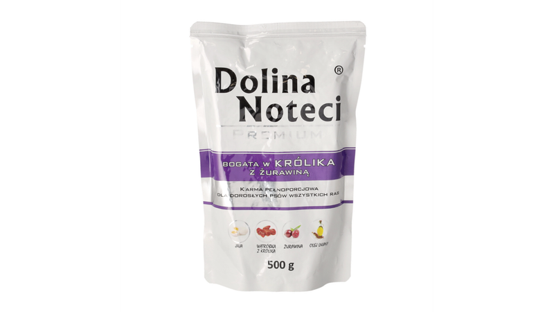 DOLINA NOTECI PREMIUM- KRÓLIK Z ŻURAWINĄ- MOKRA KARMA DLA PSÓW DOROSŁYCH- 500 GR SASZETKI