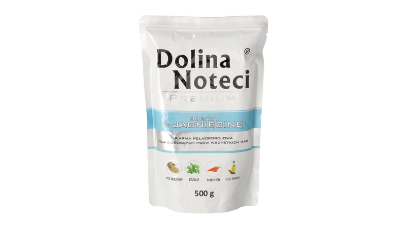 DOLINA NOTECI PREMIUM- JAGNIĘCINA- MOKRA KARMA DLA PSÓW DOROSŁYCH- 500 gr  SASZETKI