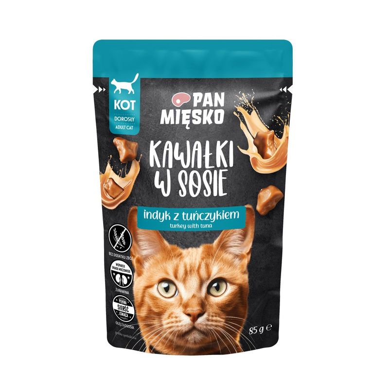 PAN MIĘSKO- KARMA MOKRA DLA KOTA- KAWAŁKI W SOSIE- KURCZAK Z KREWETKAMI (DLA KOTA DOROSŁEGO)- 85 GR SASZETKA