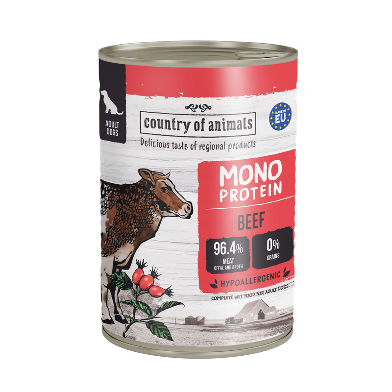 WIEJSKA ZAGRODA (COUNTRY OF ANIMALS)- MONOPROTEIN LINE- WET FOOD FOR ADULT DOGS​- BEEF- 400 GR TINS