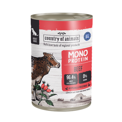 WIEJSKA ZAGRODA (COUNTRY OF ANIMALS)- MONOPROTEIN LINE- WET FOOD FOR ADULT DOGS​- BEEF- 400 GR TINS