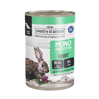 WIEJSKA ZAGRODA (COUNTRY OF ANIMALS)- MONOPROTEINOWA- KARMA MOKRA DLA PSA DOROSŁEGO- KRÓLIK- 400 GR PUSZKA