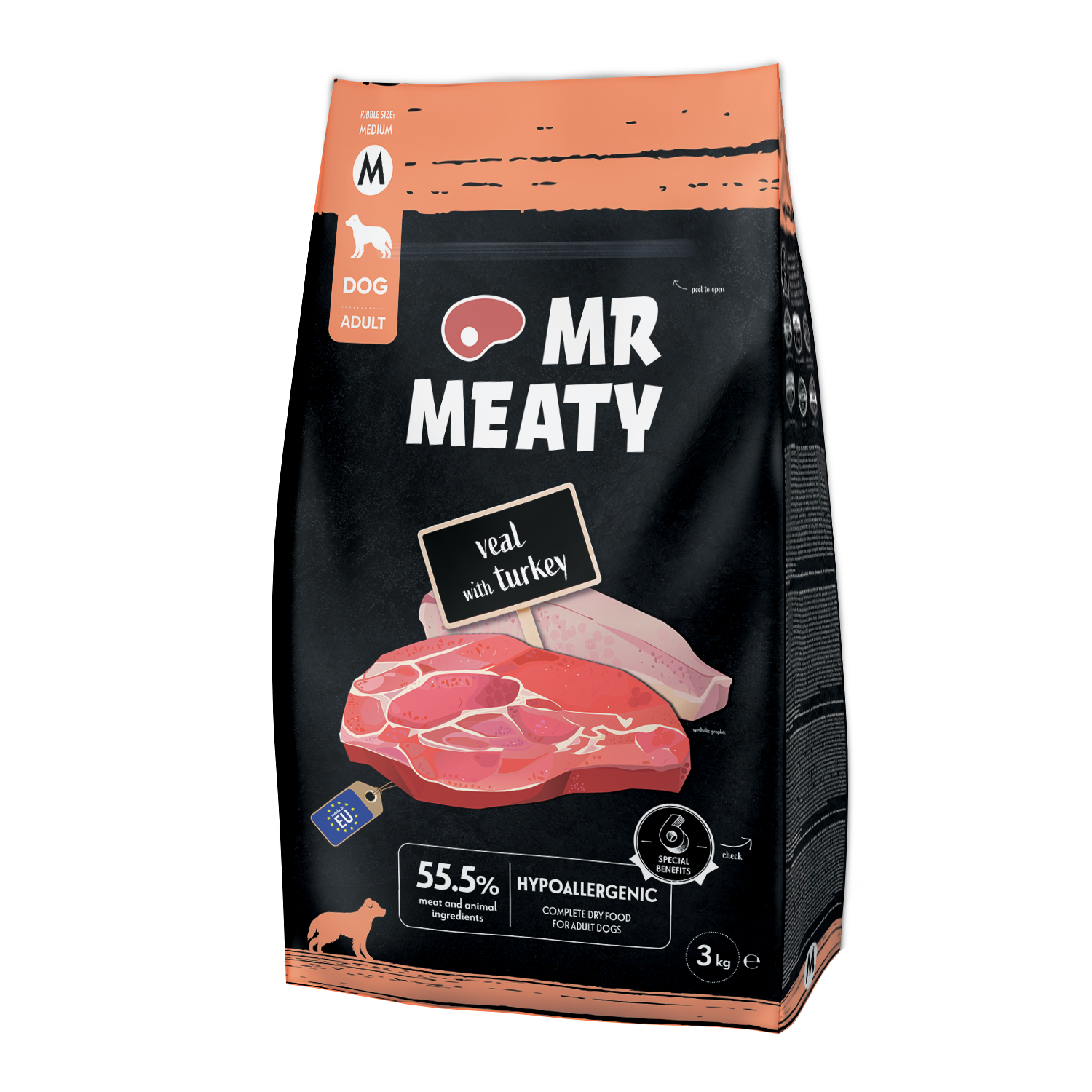 ​MR MEATY – KOMPLETNA KARMA SUCHA DLA PSÓW DOROSŁYCH – CIELĘCINA Z INDYKIEM- 3 KG- ROZMIAR M