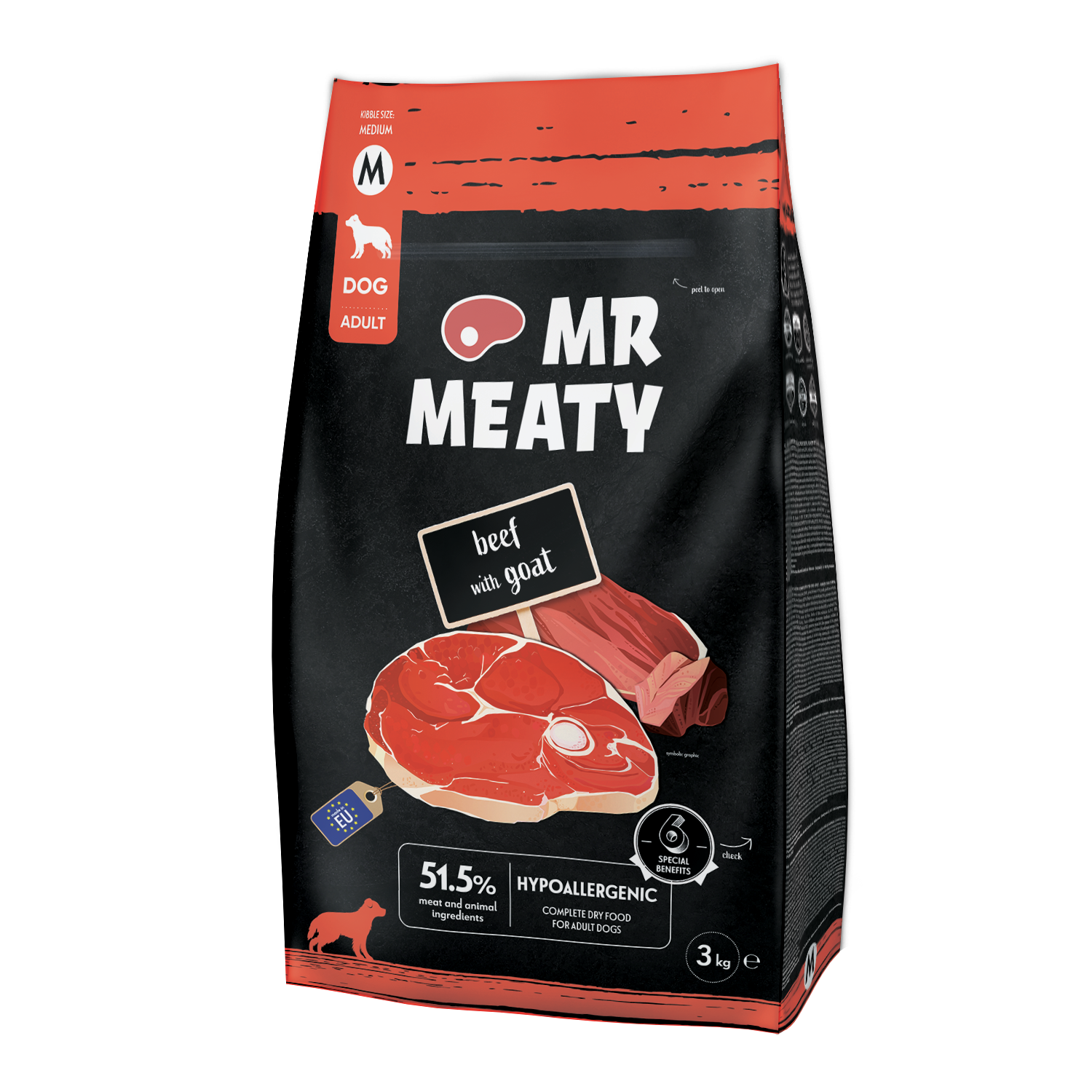 ​MR MEATY – KOMPLETNA KARMA SUCHA DLA PSÓW DOROSŁYCH – WOŁOWINA Z KOZINĄ- 3 KG- ROZMIAR M