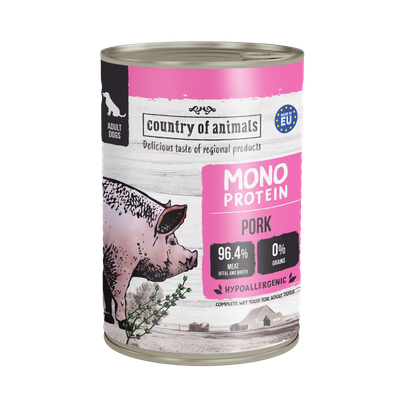 WIEJSKA ZAGRODA (COUNTRY OF ANIMALS)- MONOPROTEIN LINE- WET FOOD FOR ADULT DOGS​- PORK- 400 GR TINS