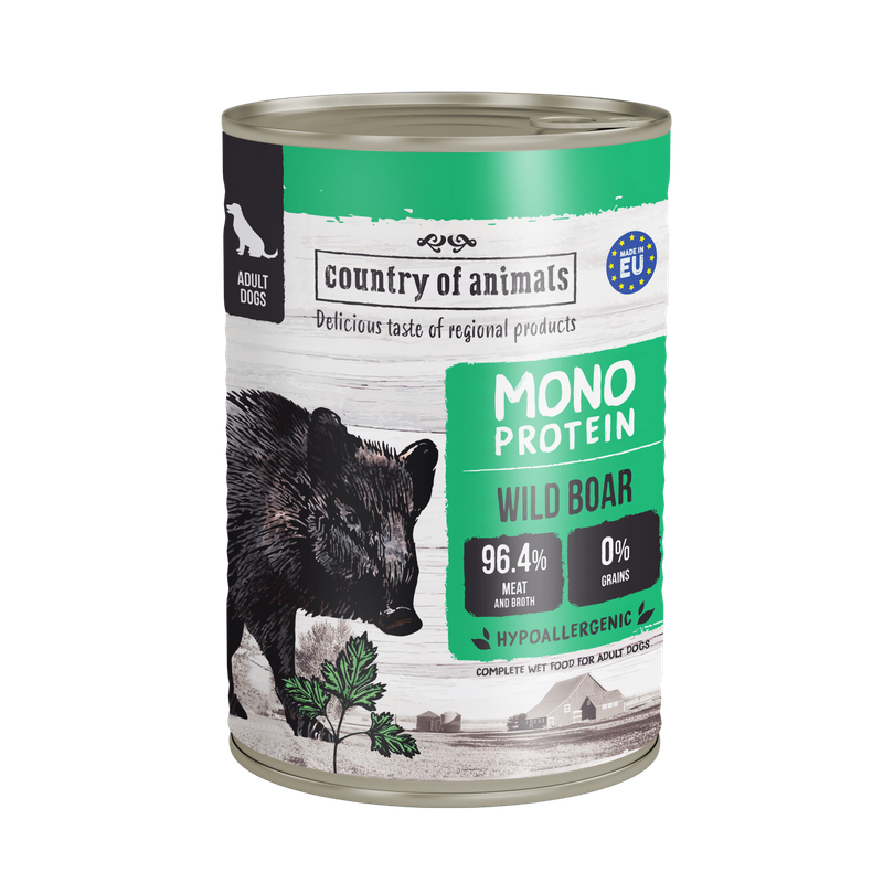 WIEJSKA ZAGRODA (COUNTRY OF ANIMALS)- MONOPROTEINOWA- KARMA MOKRA DLA PSA DOROSŁEGO- DZIK- 400 GR PUSZKA