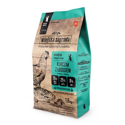 WIEJSKA ZAGRODA- KARMA SUCHA DLA KOTÓW-  KURCZAK Z ŁOSOSIEM- 1,6KG TORBA
