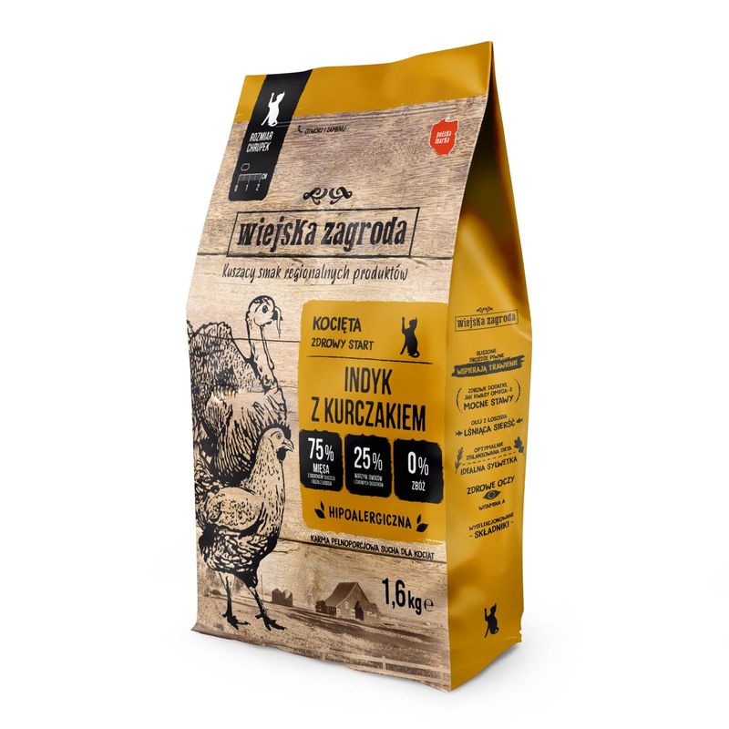 WIEJSKA ZAGRODA- KARMA SUCHA DLA KOTÓW- INDYK Z KURCZAKIEM- 1,6KG TORBA