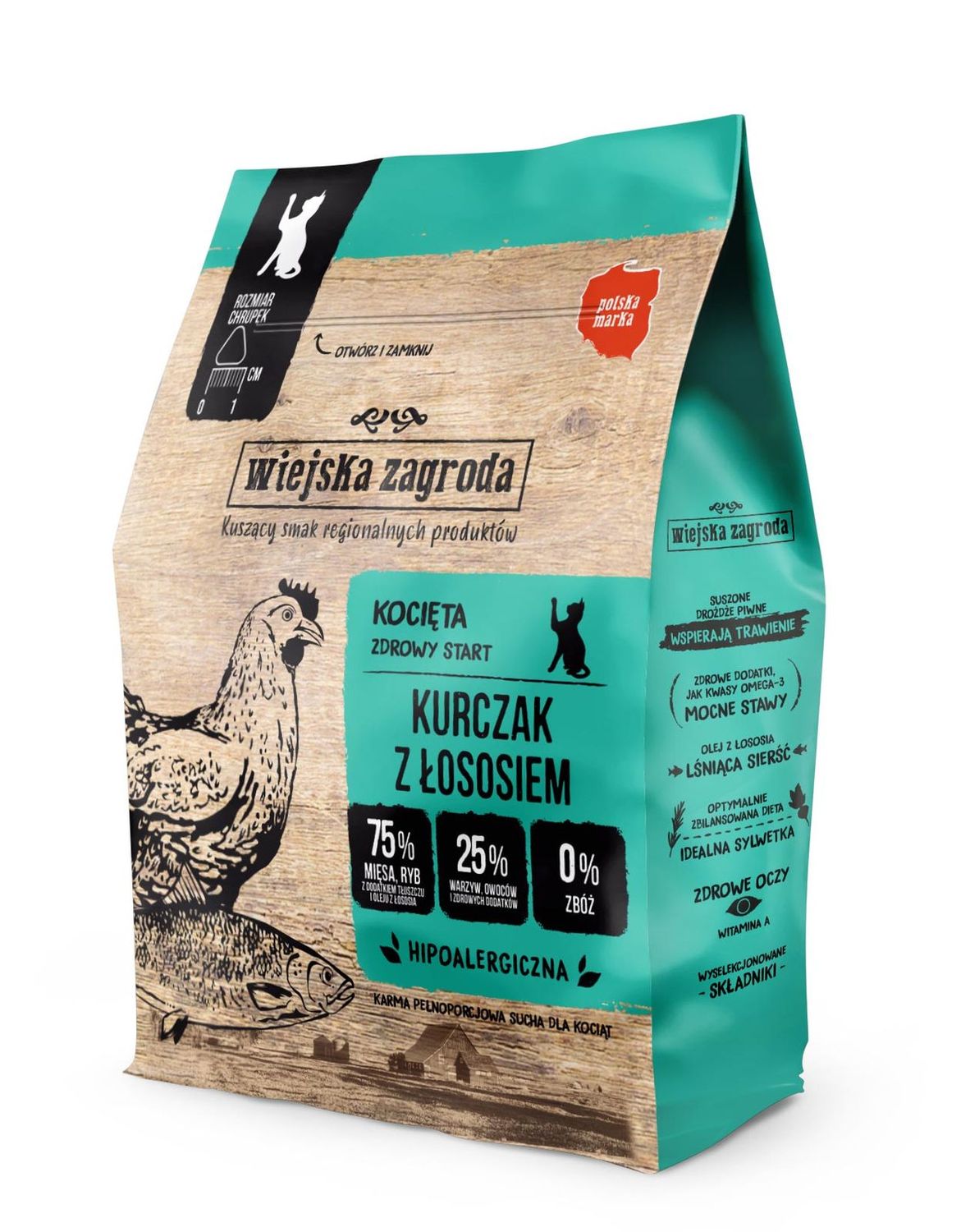 WIEJSKA ZAGRODA- KARMA SUCHA DLA KOTÓW-  KURCZAK Z ŁOSOSIEM- 400GR TORBA