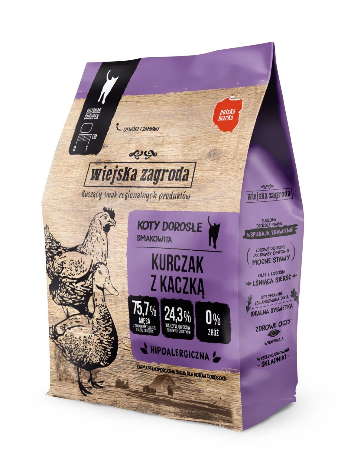 WIEJSKA ZAGRODA- KARMA SUCHA DLA KOTÓW- KURCZAK Z KACZKĄ- 400GR TORBA