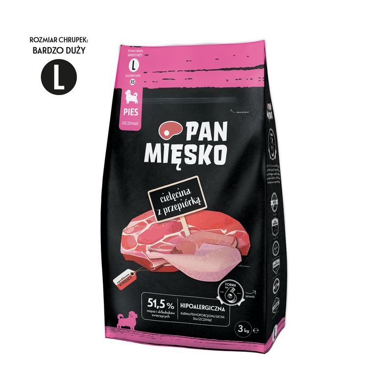 ​MR MEATY – KOMPLETNA KARMA SUCHA DLA SZCZENIĄT– CIELĘCINA Z PRZEPIÓRKĄ- 3KG- ROZMIAR L