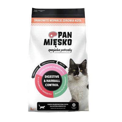 PAN MIĘSKO (MR MEATY)- SPECJALNE POTRZEBY- KONTROLA TRAWIENIA I KUL WŁOSOWYCH- KARMA SUCHA DLA KOTA DOROSŁEGO- INDYK- CHRUPKI M- 3KG