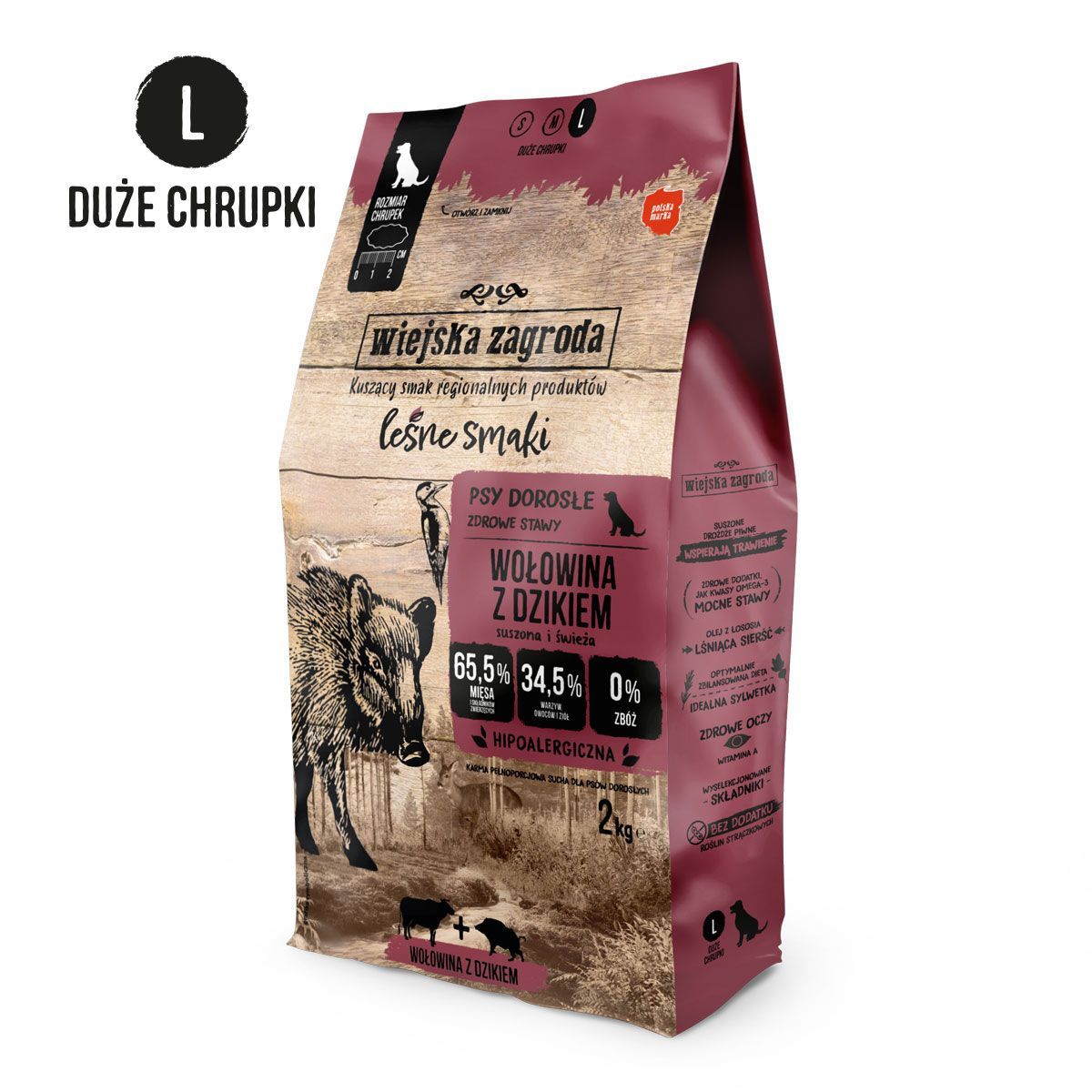 WIEJSKA ZAGRODA (COUNTRY OF ANIMALS)- DRY FOOD FOR ADULT DOGS- FOREST FLAVORS- BEEF WITH WILD BOAR- SIZE L- 2KG BAGS