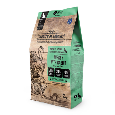 WIEJSKA ZAGRODA (COUNTRY OF ANIMALS)- DRY FOOD FOR ADULT DOGS​ WITH SENSITIVE STOMACH- TURKEY WITH RABBIT- 2 KG BAGS