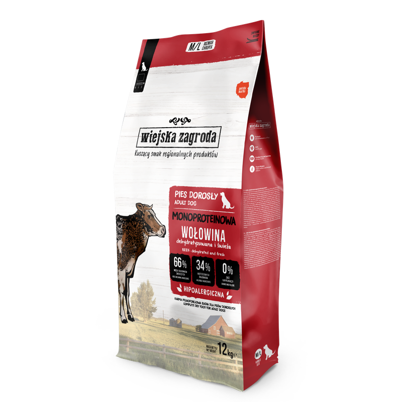 WIEJSKA ZAGRODA (COUNTRY OF ANIMALS)- MONOPROTEIN LINE- DRY FOOD FOR ADULT DOGS​- BEEF- 12 KG BAGS