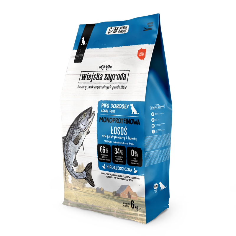 WIEJSKA ZAGRODA (COUNTRY OF ANIMALS)- MONOPROTEIN LINE- DRY FOOD FOR ADULT DOGS​- SALMON- 6 KG BAGS