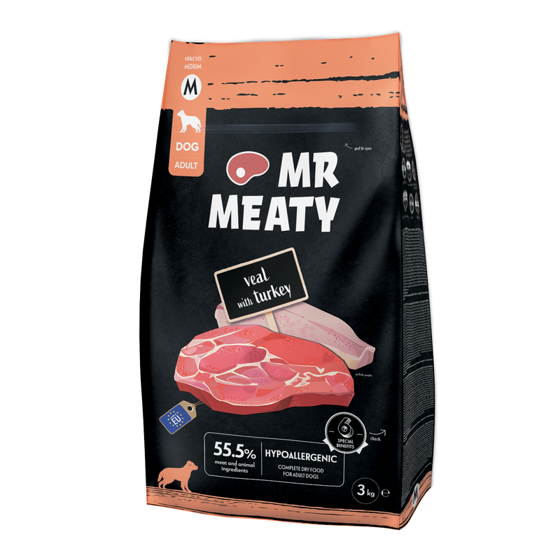 MR MEATY- COMPLETE DRY FOOD FOR ADULT DOGS- VEAL WITH TURKEY- 3 KG- M SIZE