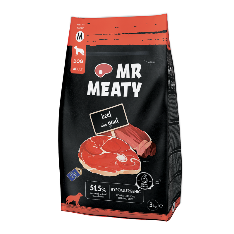 MR MEATY- COMPLETE DRY FOOD FOR ADULT DOGS-  BEEF WITH GOAT- 3 KG- SIZE M