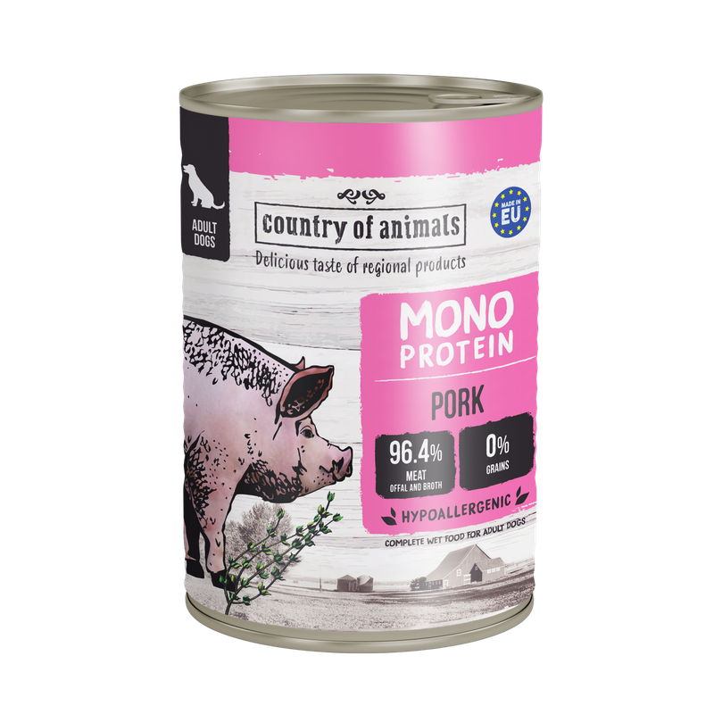 WIEJSKA ZAGRODA (COUNTRY OF ANIMALS)- MONOPROTEIN LINE- WET FOOD FOR ADULT DOGS​- PORK- 400 GR TINS