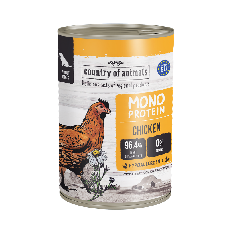 WIEJSKA ZAGRODA (COUNTRY OF ANIMALS)- MONOPROTEIN LINE- WET FOOD FOR ADULT DOGS​- CHICKEN- 400 GR TINS