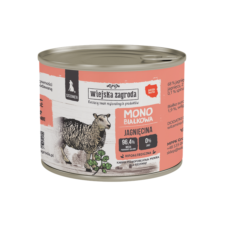 WIEJSKA ZAGRODA (COUNTRY OF ANIMALS)- MONOPROTEIN LINE- WET FOOD FOR PUPPIES- LAMB- 200 GR TINS