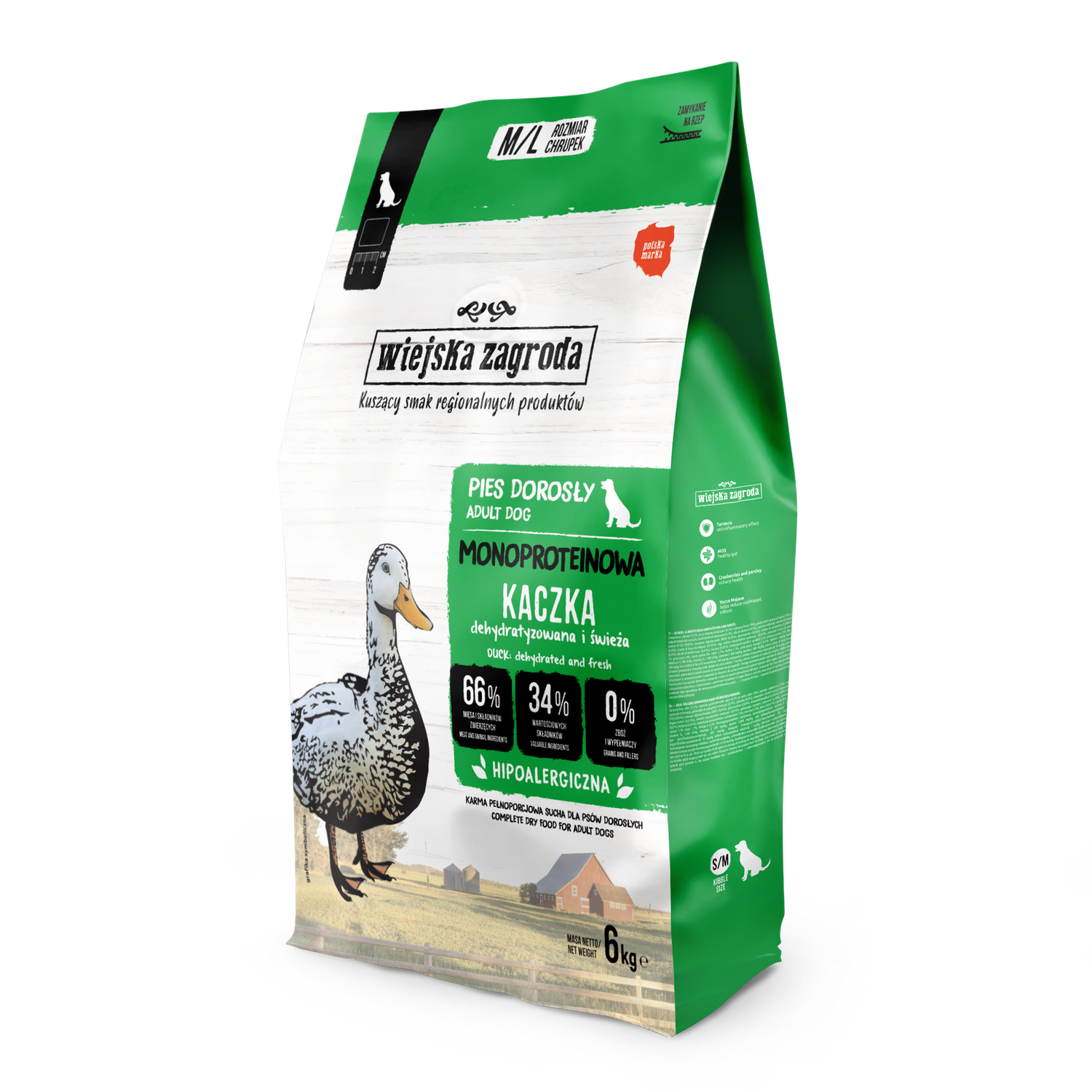 WIEJSKA ZAGRODA (COUNTRY OF ANIMALS)- MONOPROTEINOWA KARMA SUCHA DLA PSA DOROSŁEGO- KACZKA- M/L- 6 KG TORBA