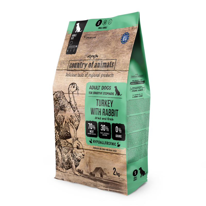 WIEJSKA ZAGRODA (COUNTRY OF ANIMALS)- DRY FOOD FOR ADULT DOGS​ WITH SENSITIVE STOMACH- TURKEY WITH RABBIT- S- 2KG BAGS