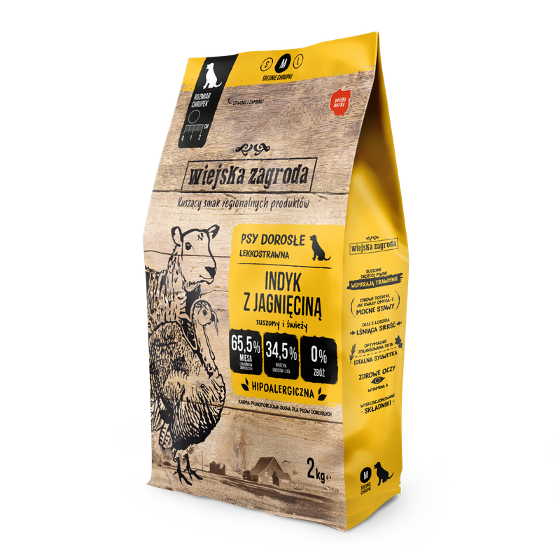 WIEJSKA ZAGRODA (COUNTRY OF ANIMALS)- DRY FOOD FOR ADULT DOGS​ WITH SENSITIVE STOMACH- TURKEY WITH LAMB- SIZE M- 2 KG BAGS