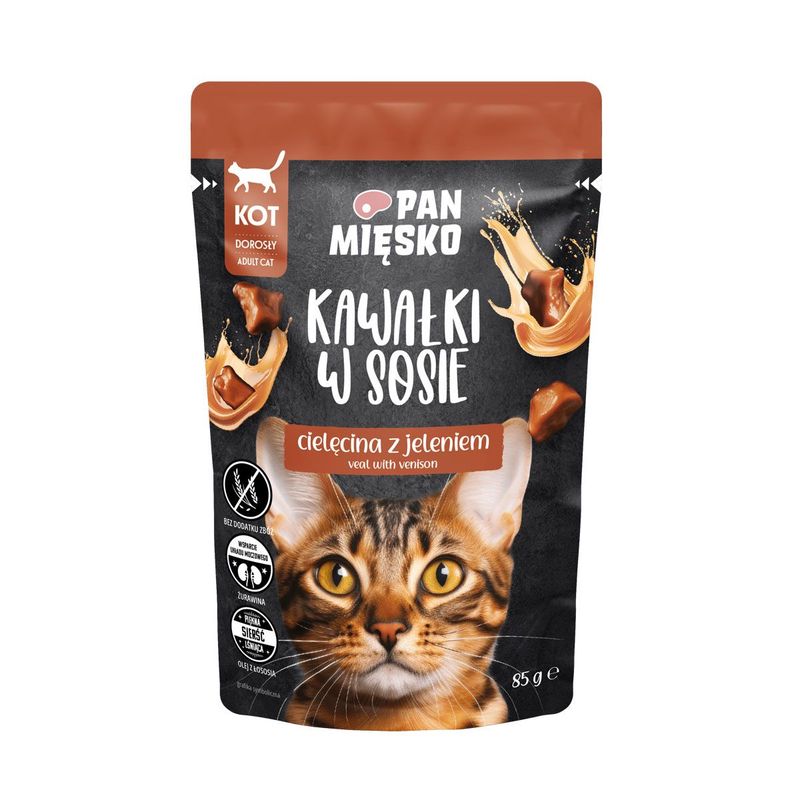PAN MIĘSKO (MR MEATY)– CHUNKS IN GRAVY– VEAL WITH DEER- FOR ADULT CATS- 85 GR