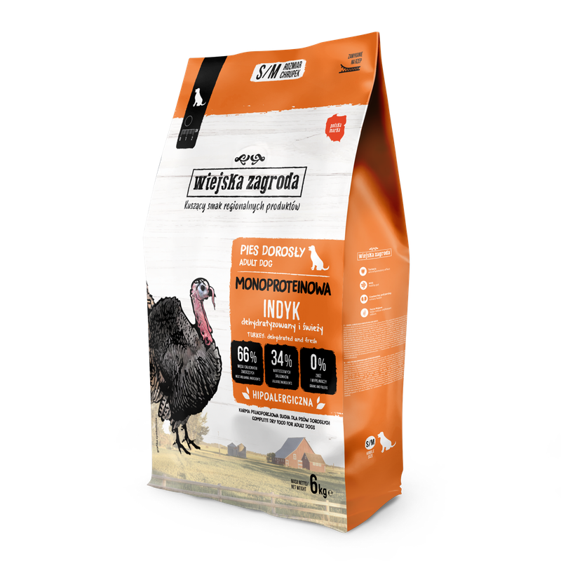 WIEJSKA ZAGRODA (COUNTRY OF ANIMALS)- MONOPROTEIN LINE- DRY FOOD FOR ADULT DOGS​- TURKEY- 6 KG BAGS