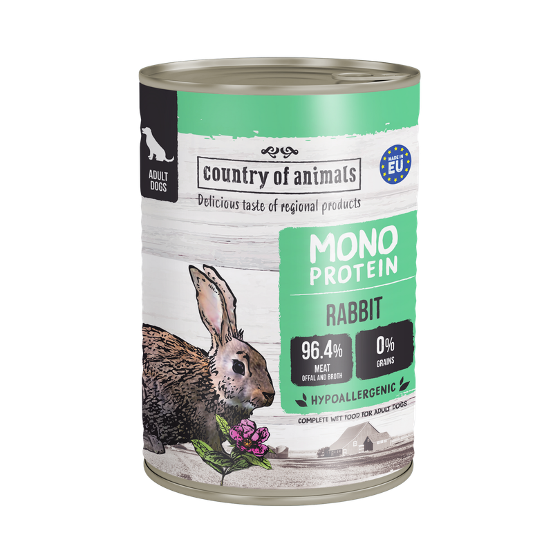 WIEJSKA ZAGRODA (COUNTRY OF ANIMALS)- MONOPROTEIN LINE- WET FOOD FOR ADULT DOGS​- RABBIT- 400 GR TINS